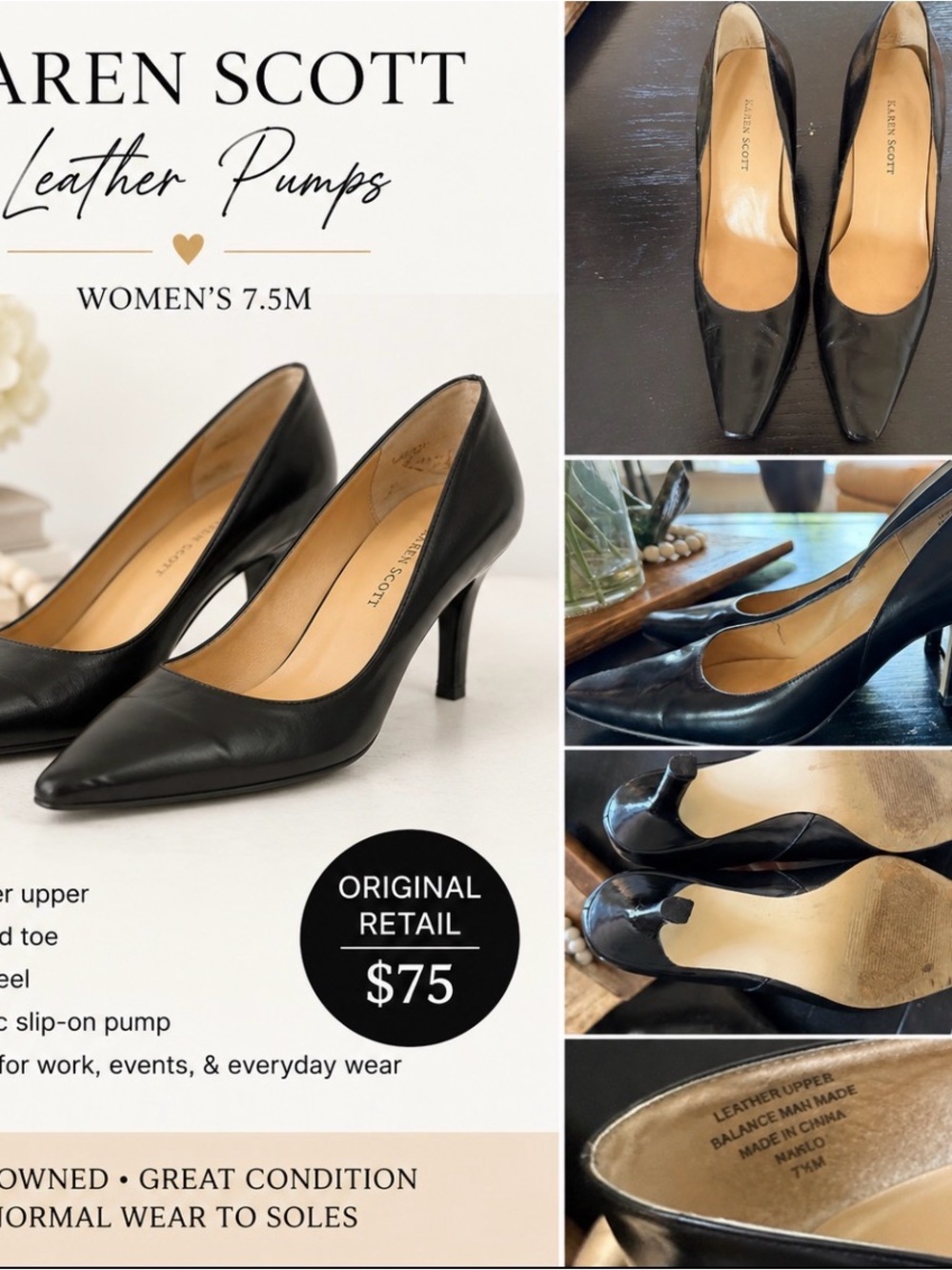 Karen Scott Black Leather Pointed-Toe Pumps